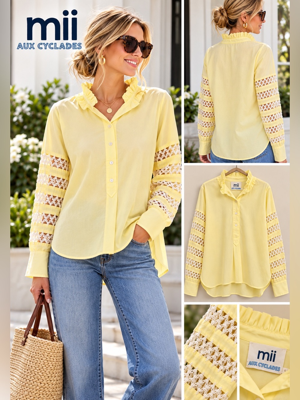 Mii Collection Aux Cyclades Yellow Crochet Sleeve Blouse – Size M